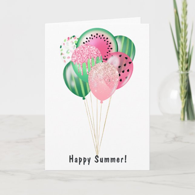 Happy Summer Watermelon Balloons Family Photo Holiday Card (Front)
