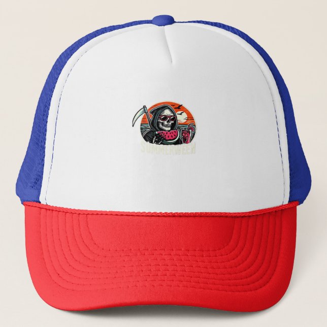 Happy Summerween Grim Reaper Watermelon Summer Hal Trucker Hat (Front)