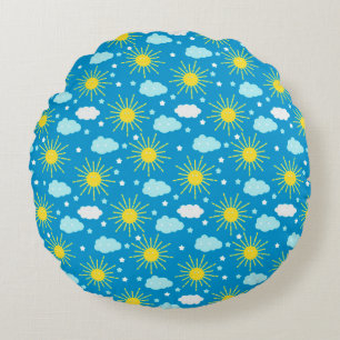 Happy Sun, Clouds, and Stars Round Cushion