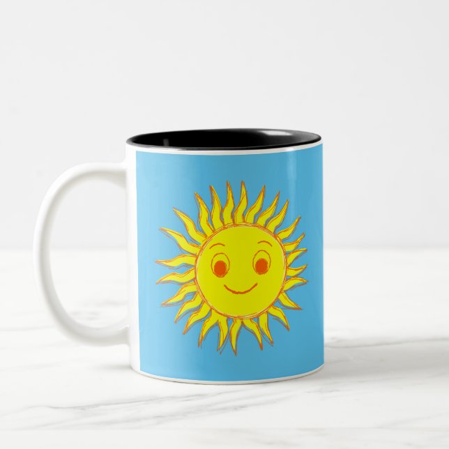 Happy Sun Face Drawing Two-Tone Coffee Mug (Left)