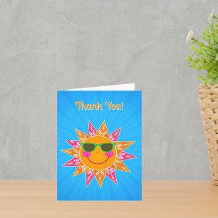 Happy Sun Rosy Cheeks Pink Orange rays Blue Thank You Card
