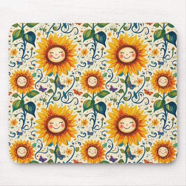 Happy Sunflowers: Cheery Sunflower Pattern Mouse Pad (Front)