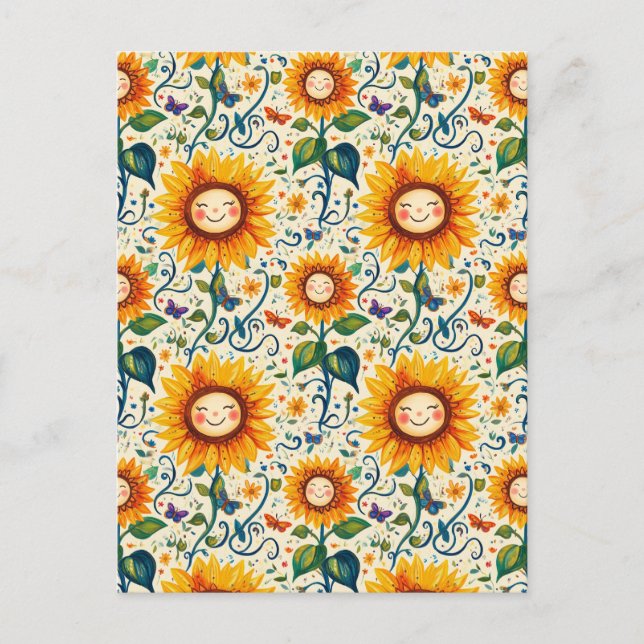 Happy Sunflowers: Cheery Sunflower Pattern Postcard (Front)
