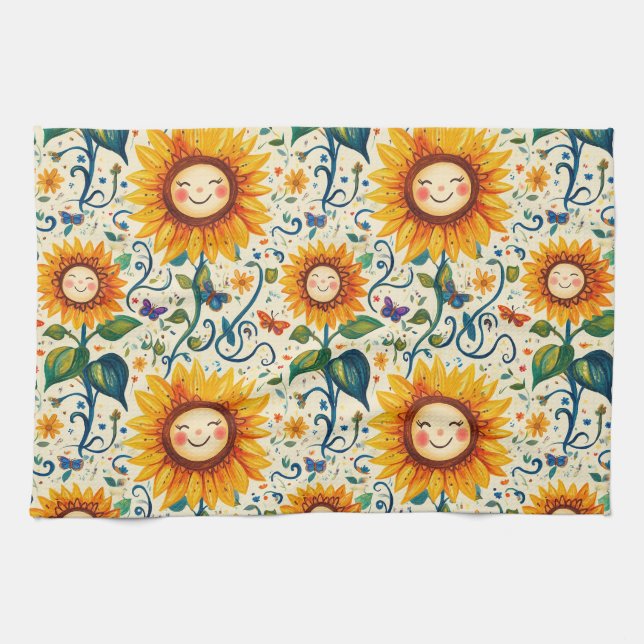 Happy Sunflowers: Cheery Sunflower Pattern Tea Towel (Horizontal)