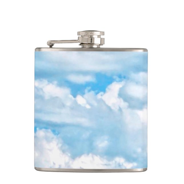 Happy Sunny Clouds Light Blue Sky Background Hip Flask (Front)
