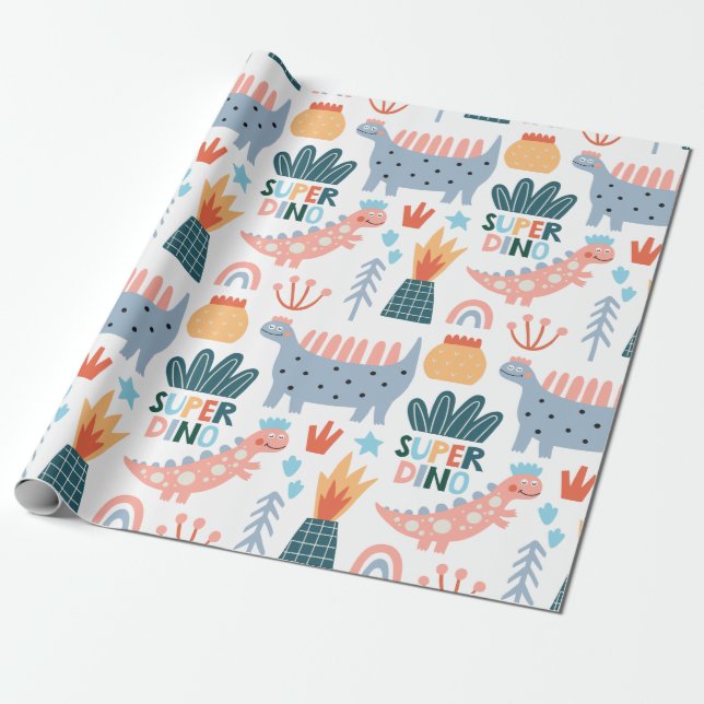 Happy Super Dino  Wrapping Paper (Unrolled)