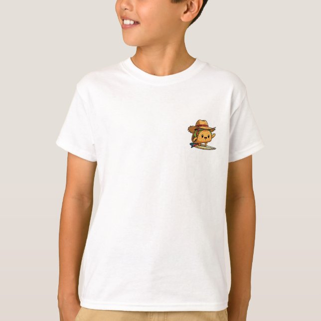 Happy Surfing Taco Character Wearing a Straw Hat T-Shirt (Front)