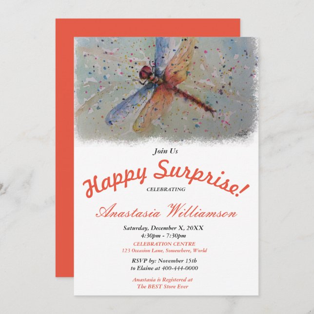 HAPPY SURPRISE PARTY DRAGON FLY INVITATION (Front/Back)
