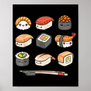 Happy Sushi Anime Kawaii Set Japanese Food Lover O Poster