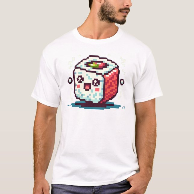 Happy Sushi Roll - Cute Pixel Art Food Design T-Shirt (Front)