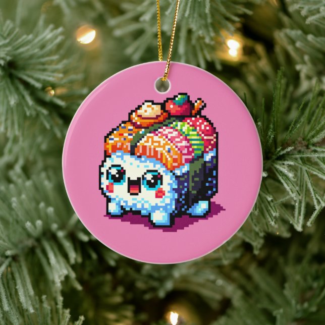 Happy Sushi Roll - Cute Pixel Art Japanese Food Ceramic Ornament (Tree)