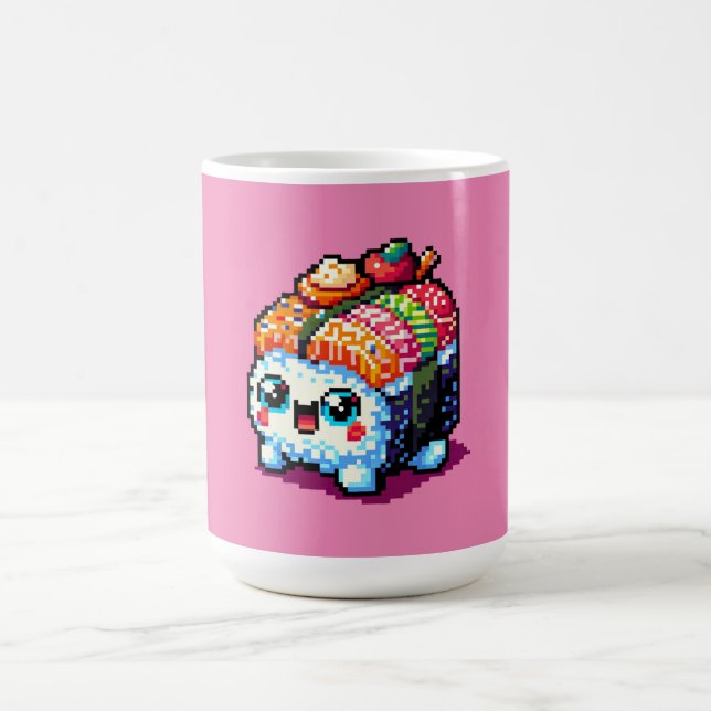 Happy Sushi Roll - Cute Pixel Art Japanese Food Coffee Mug (Center)