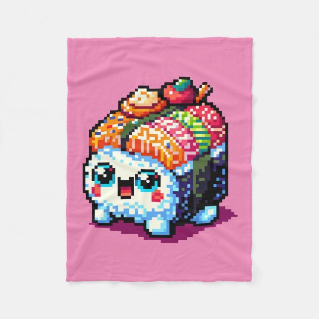 Happy Sushi Roll - Cute Pixel Art Japanese Food Fleece Blanket (Front)