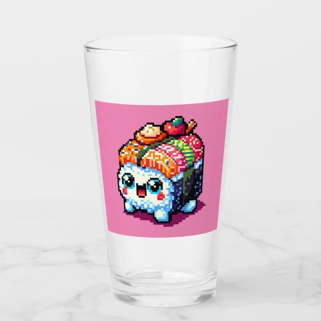 Happy Sushi Roll - Cute Pixel Art Japanese Food Glass (Front)