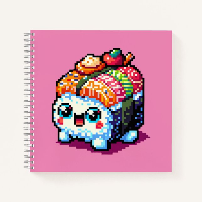 Happy Sushi Roll - Cute Pixel Art Japanese Food Notebook (Front)
