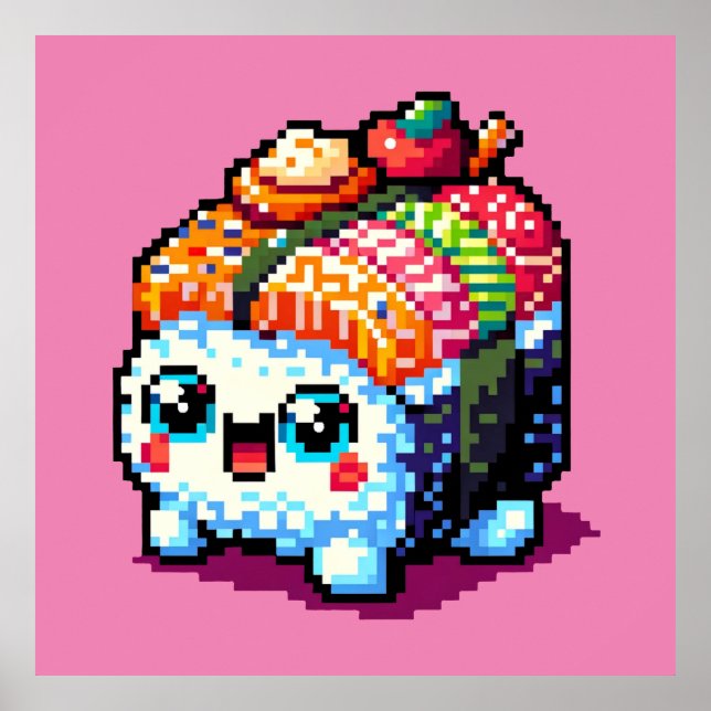 Happy Sushi Roll - Cute Pixel Art Japanese Food Poster (Front)