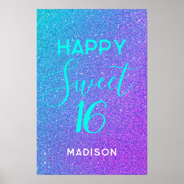 Happy Sweet 16 Birthday Teal Purple Personalised Poster (Front)