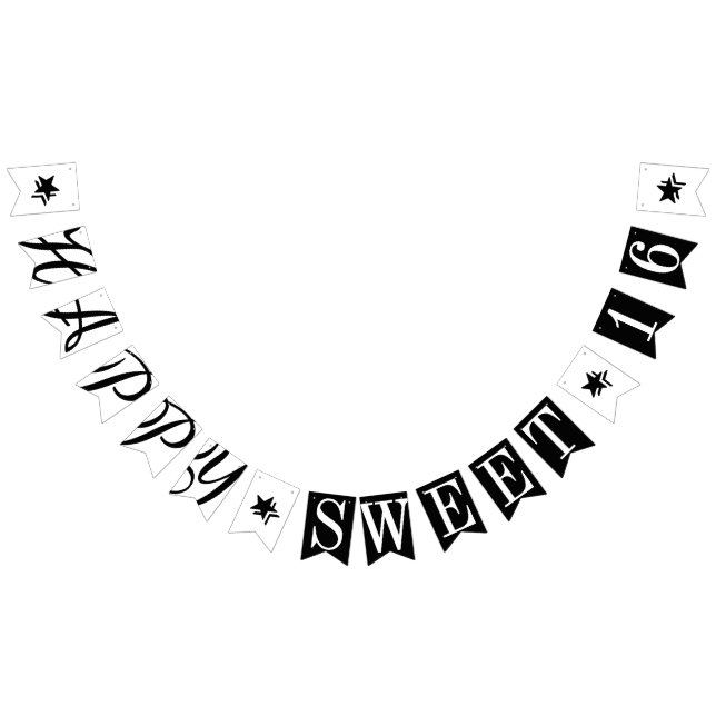 HAPPY SWEET 16 Black And White Birthday Decor Bunting (All)