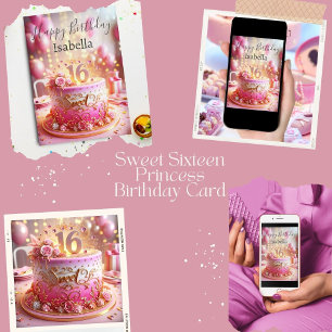 Happy Sweet 16 Pink Rose Gold Cake Birthday Card