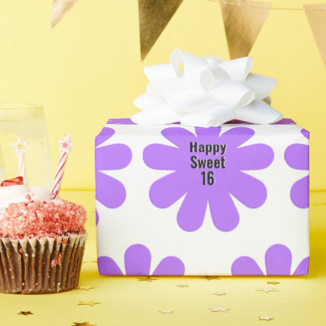 Happy Sweet 16 Purple Daisy Wrapping Paper (Birthday Party)