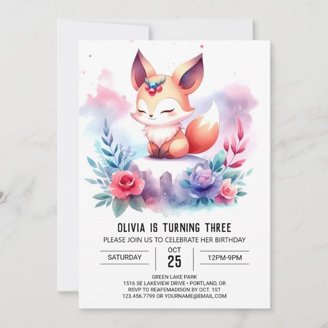 Happy Sweet Fox Birthday digital Invitation (Front)