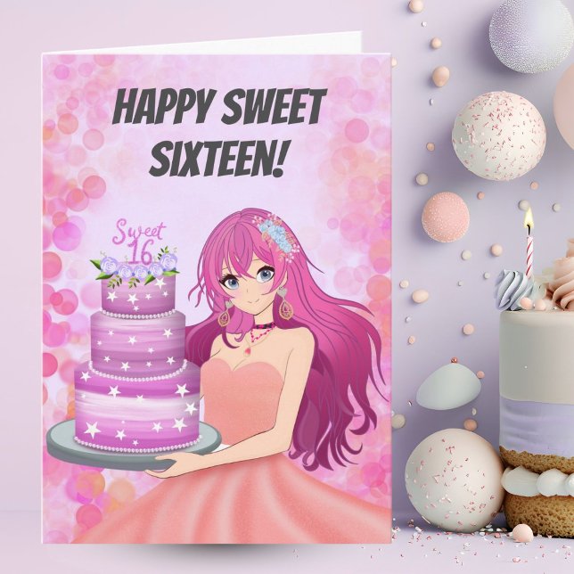 Happy Sweet Sixteen Anime Girl With Cake Card (Creator Uploaded)
