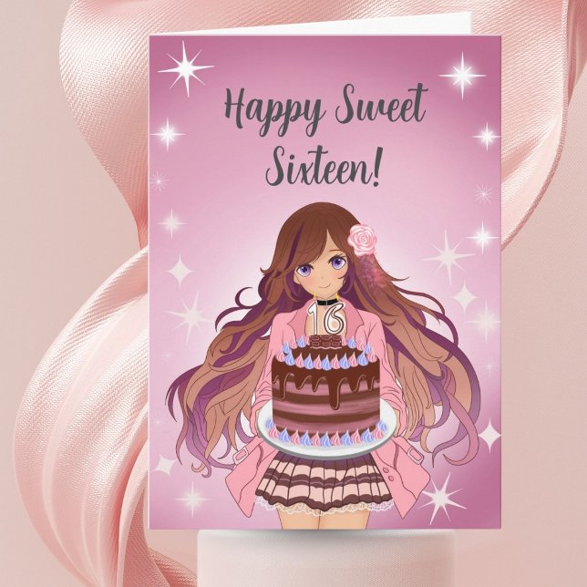Happy Sweet Sixteen Teenager Girl with Cake Card (Creator Uploaded)