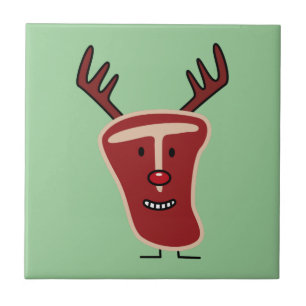 Happy T-Bone Steak Reindeer red nose Christmas Tile