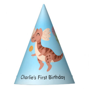 Happy T-rex Dinosaur carrying balloons and candy Party Hat