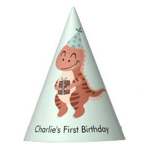 Happy T-rex Dinosaur with birthday gift and Party Hat