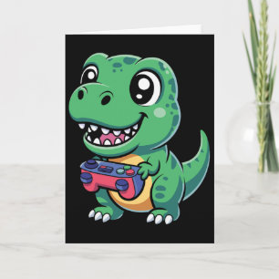 Happy T-rex With Game Controller Cute Gamer Dino T Card