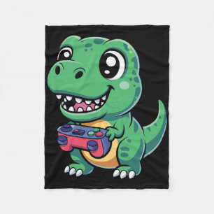 Happy T-rex With Game Controller Cute Gamer Dino T Fleece Blanket