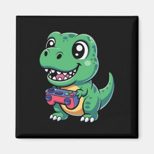 Happy T-rex With Game Controller Cute Gamer Dino T Magnet