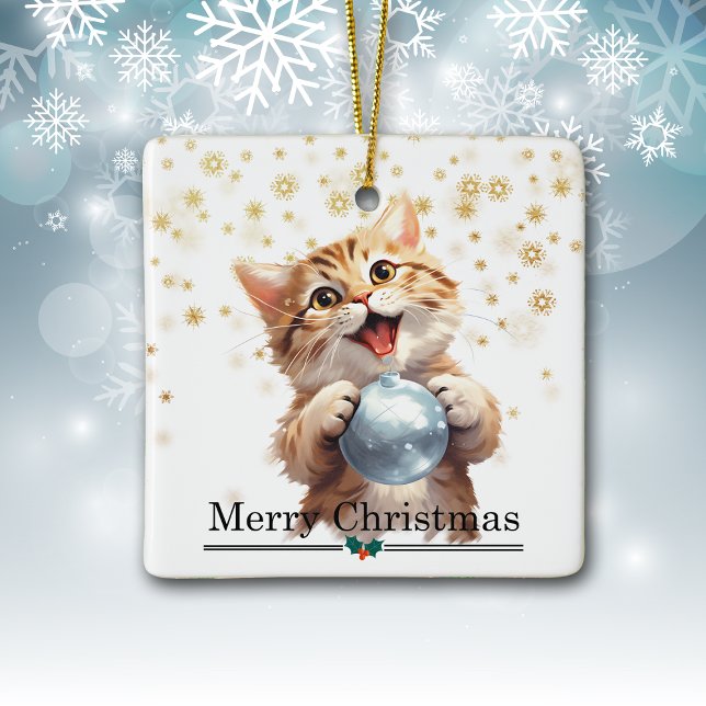 Happy Tabby Kitten with Christmas Tree Bulb Ceramic Ornament (Creator Uploaded)