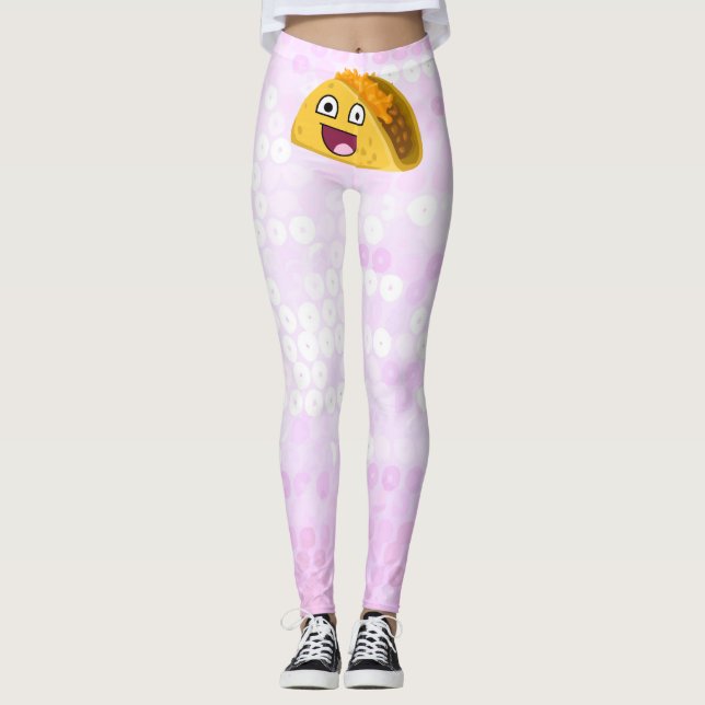 Happy taco on pink faux sequin pattern leggings (Front)