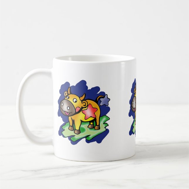 Happy Taurus Blue with Red Star Cartoon Coffee Mug (Left)