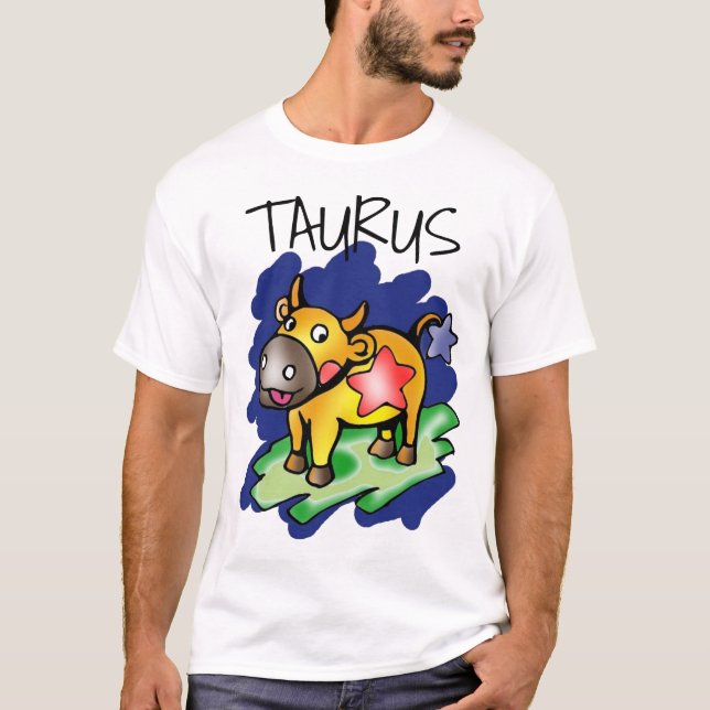 Happy Taurus Blue with Red Star Cartoon T-Shirt (Front)