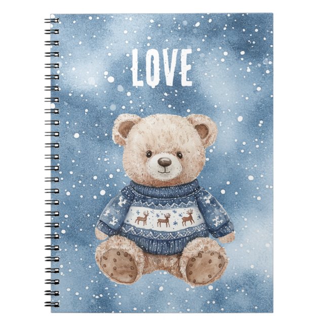Happy Teddy Bear Blue Sweater Love Notebook (Front)