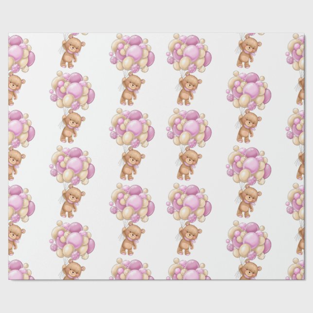 Happy Teddy Bear Pink Baby Shower  Wrapping Paper (Seam)