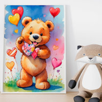 Happy Teddy Bear with Heart Gift and Balloons