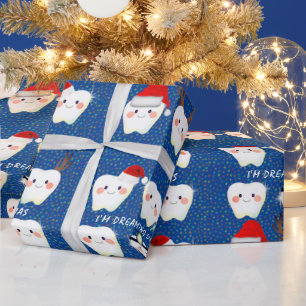 Happy Teeth and Snow  Blue Christmas Wrapping Paper