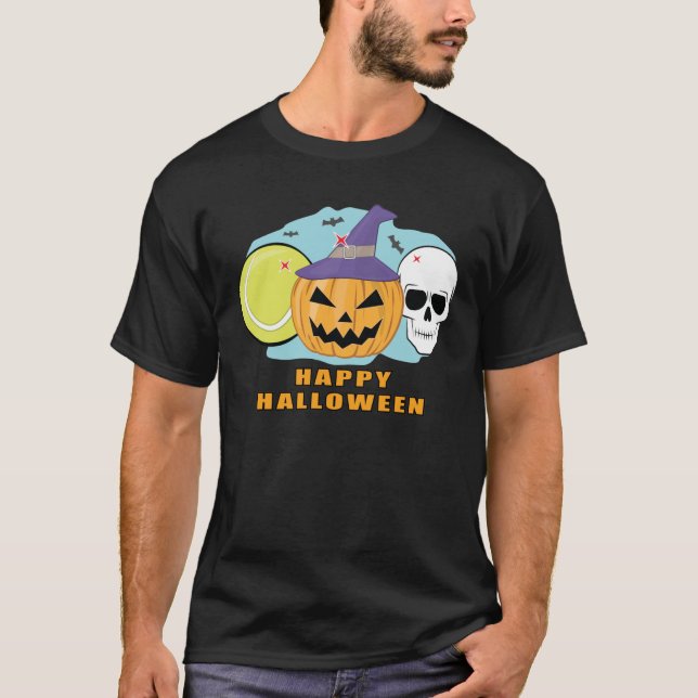 Happy Tennis Halloween - Spooky Skull and Pumpkin  T-Shirt (Front)