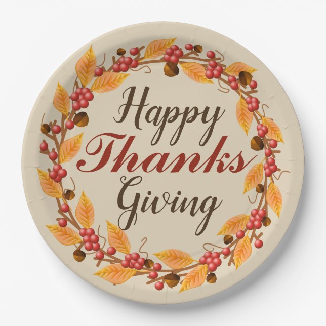 Happy Thanks Giving Fall Autumn Leaves Wreath Paper Plate (Front)