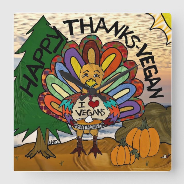 Happy Thanks Vegan Thanksgiving Turkey Square Wall Clock (Front)