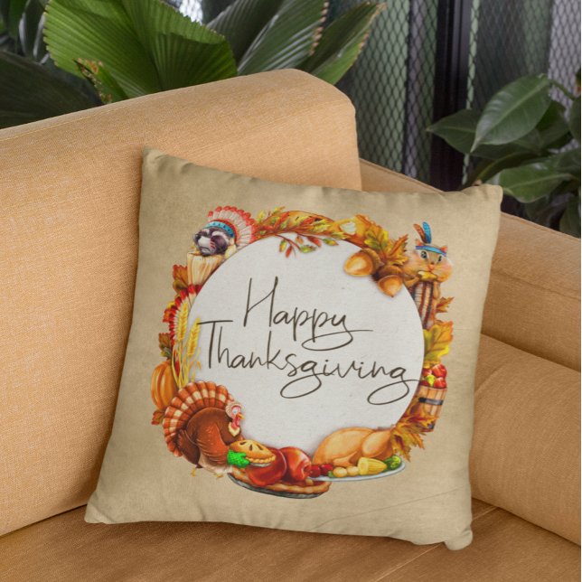 Happy Thanksgiving Animals Turkey Wreath Autumn Cushion (Creator Uploaded)