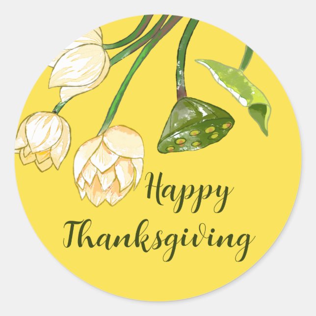 Happy Thanksgiving Autumn Bright Yellow Lotus Classic Round Sticker (Front)
