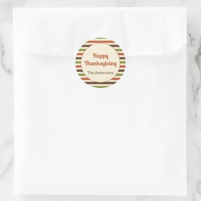 Happy Thanksgiving Autumn Colours Stripes Classic Round Sticker (Bag)
