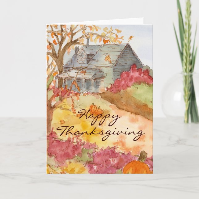 Happy Thanksgiving Autumn Home Landscape Art Holiday Card (Front)