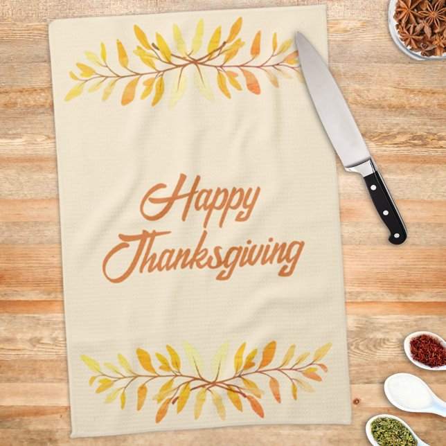 Happy Thanksgiving Autumn Leaf Border Custom Tea Towel (Creator Uploaded)