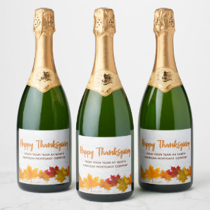 Happy Thanksgiving Autumn Leaves Custom Business Sparkling Wine Label